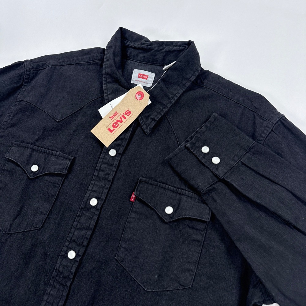 Levis Western Shirt Mens Large Black Pearl Snap Denim Barstow Long Sleeve